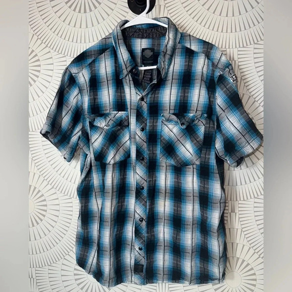 Harley Davidson Garage Snap Button Plaid Shirt Short Sleeve‎ HDMC Blue XL Slim - Picture 1 of 7